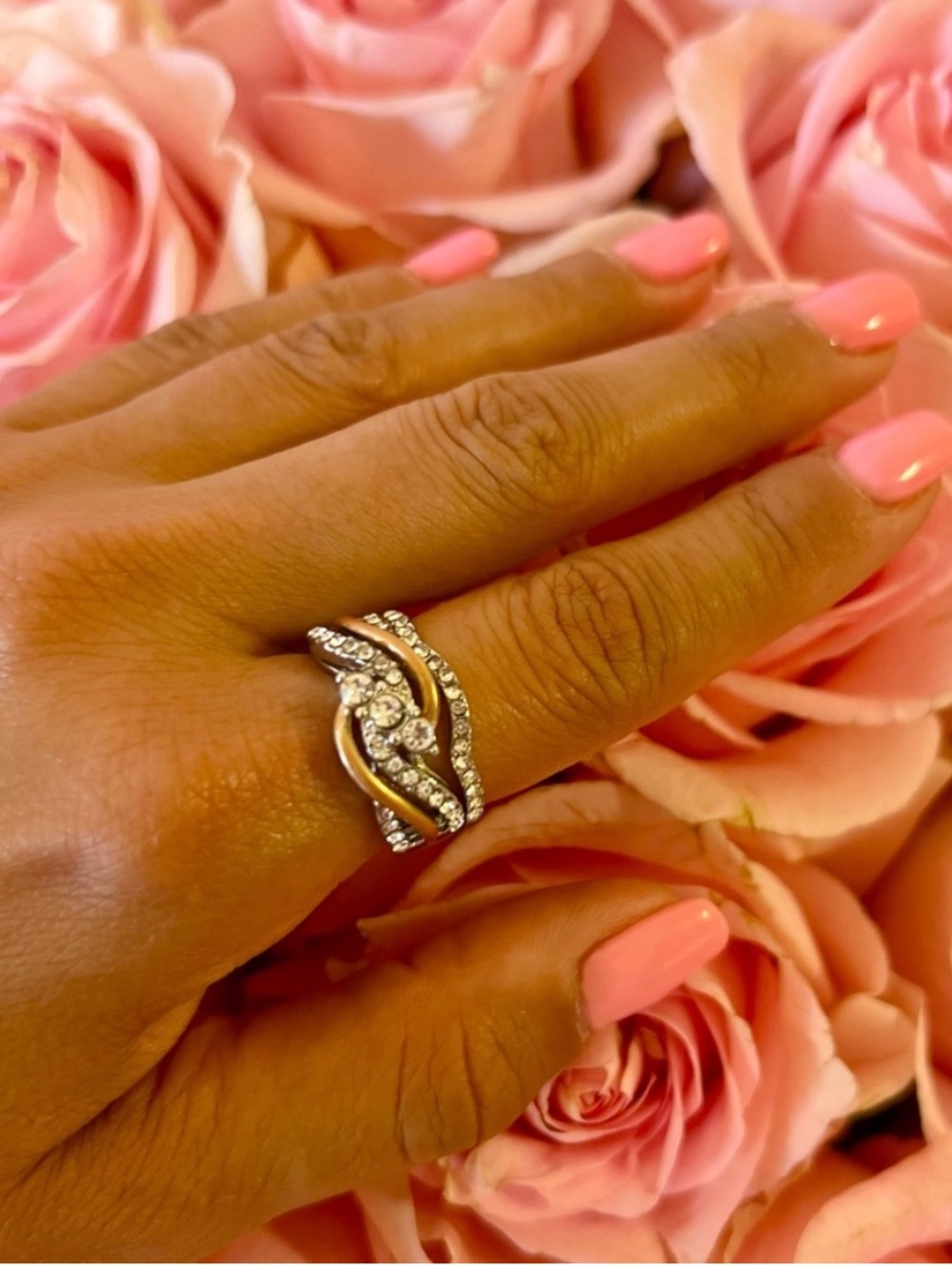 Crystal Accent Two-Tone Women's Ring - Silver & Rose Gold